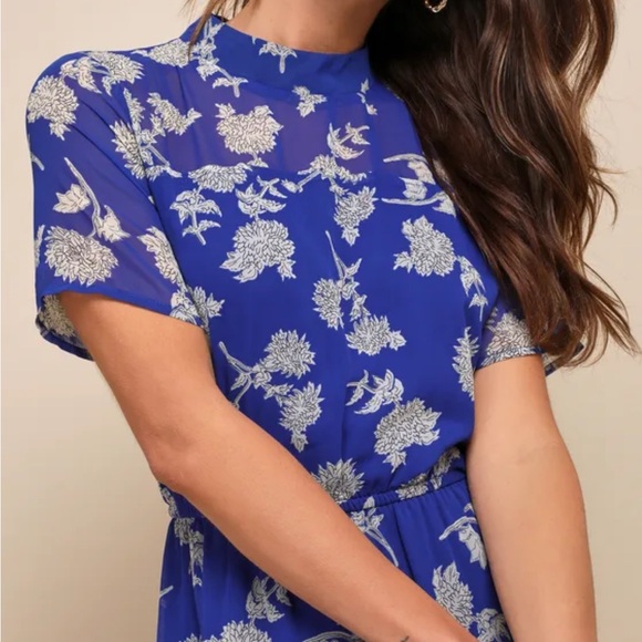 Lulus Floral Print Royal Blue Midi Dress XS/S - Picture 4 of 12